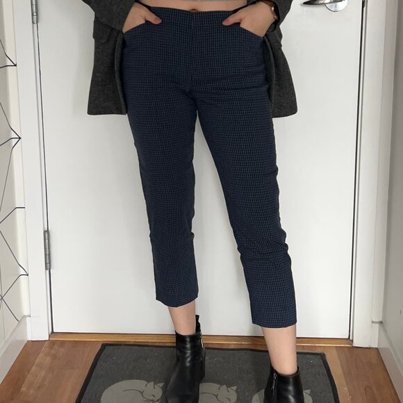 2for$30🏷Uniqlo Pull-On Linen-blend Cropped Pant Trouser Navy Check Pattern - Picture 1 of 15